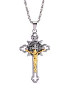 1pc 2025 New European & American Titanium Steel Cross Pendant Necklace, Vintage Personality Unisex Religious Gift, Wholesale Niche Hiphop Stainless Steel Long Sweater Chain, Casual Wear For Men & Women