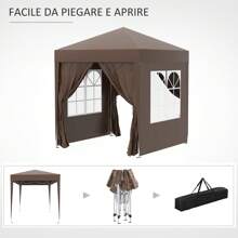 Gazebo 2x2 m Impermeabile con 4 Pareti Rimovibili, Gazebo Pieghevole in Metallo e Poliestere con Borsa da Trasporto, Marrone - Caffè Marrone - Visualizzare 9