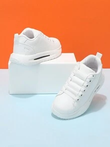 Unisex Kids' White Low-Cut Elastic Band Flat Casual Sneakers, Slip-On Campus Shoes, Comfortable And Lightweight