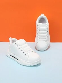 Unisex Kids' White Low-Cut Elastic Band Flat Casual Sneakers, Slip-On Campus Shoes, Comfortable And Lightweight