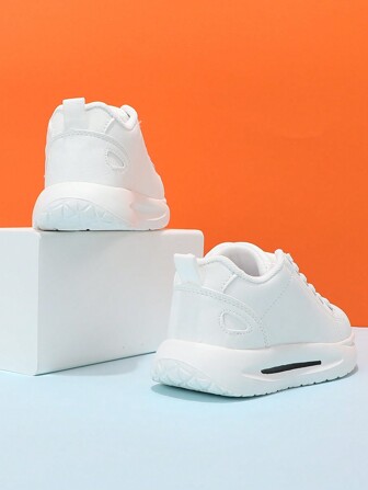 中性兒童白色低幫彈性帶扁平休閒運動鞋，學校易穿鞋，舒適輕盈