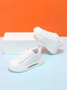 Unisex Kids' White Low-Cut Elastic Band Flat Casual Sneakers, Slip-On Campus Shoes, Comfortable And Lightweight