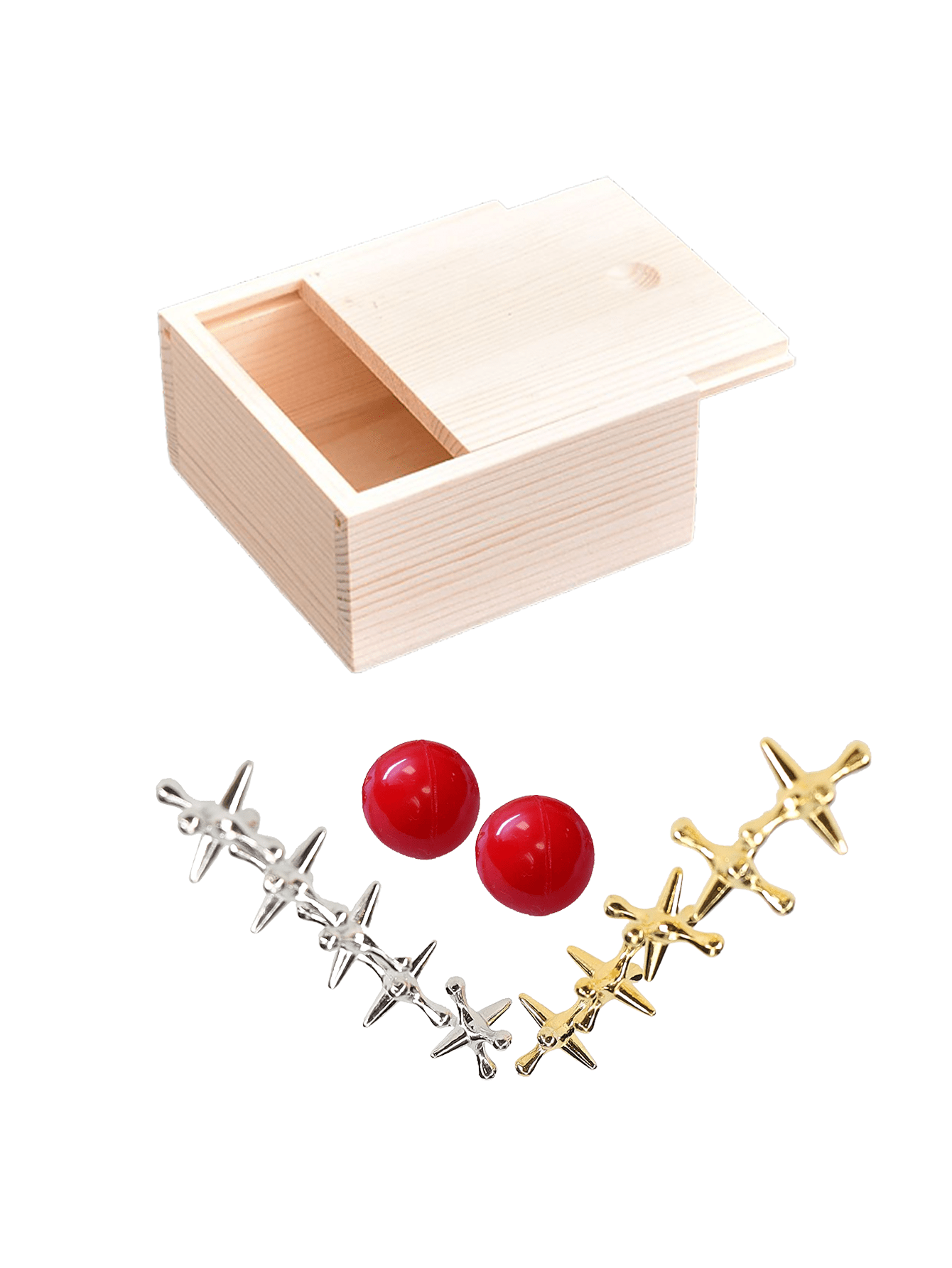 2 Sets Of Metal Jacks And Ball In Wooden Box Metal Jacks Game Jack In