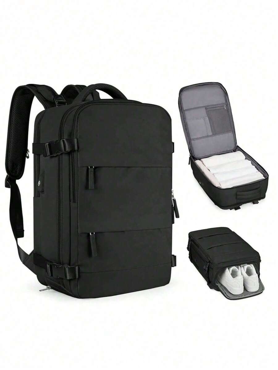 多層大容量旅行背包15.6英寸筆記型電腦商務旅行背包女男旅行手提行李包學生書包，學生書包，便攜式，筆記本隔層，大容量，行李帶設計，防盜，適用於青少女、女性、大學生、男生、中學生、高中生、戶外、旅行、郊遊、小學生、辦公室 - 黑色 - 查看 1