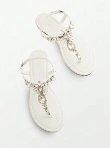 Flat Sandals For Women Dressy Rhinestone T-Strap Thong Flat Sandals For Summers Dress Beach Valentines - 白色 - 查看 2