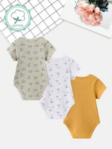 3 件装 婴儿连体衣 0-12 个月 卡通可爱印花婴儿连体衣 四季款