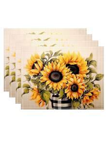 4 Stücke Retro Bauernhaus Stil SonnenBlumen Muster Tischset, Hitzebeständiges Essensmatte, Küchentischdecke, Waschbarer Kaffeematte, Geeignet Für Ferienhaus, Hotel, Restaurant, Küchendekoration Zu Hause, Weihnachtsfeier