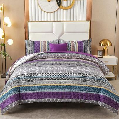 3pcs Bohemian Duvet Cover Purple Colorful Boho Bedding Set With 2 Pillowcases Soft Microfiber Moroccan Bed Cover