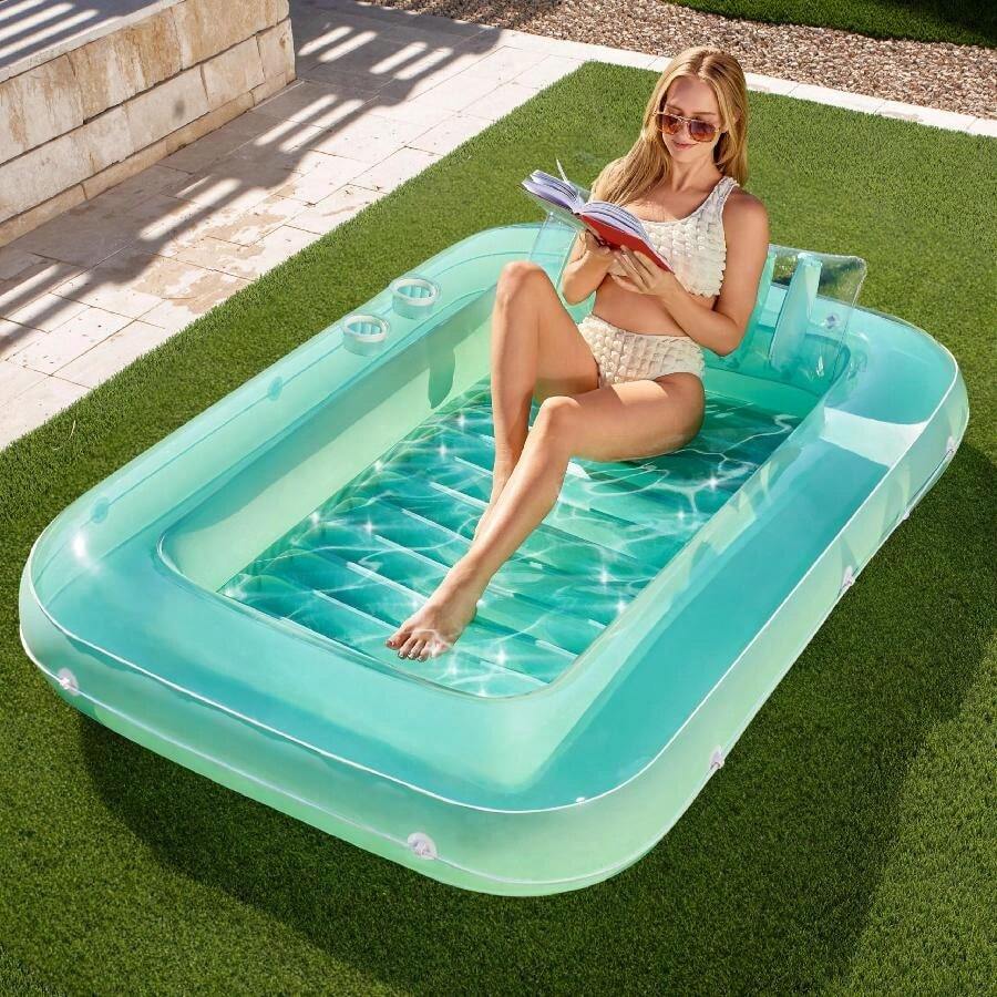 Sloosh Inflatable Tanning Pool Lounge Float, 70" X 46" Suntan Tub Raft Floatie, Tanning Pool With Pillow, Personal Pool Lounger For Adult Summer Water Party,L, Pool Inflatable, Beach Essentials, Pool Float - Cyan - View 1