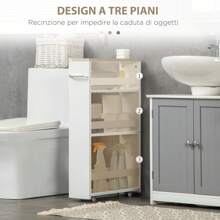 Carrello da Cucina a 3 Ripiani Salvaspazio, Mobiletto Bagno con Rotelle e Maniglia in Legno per Bagno, 48x15x80cm, Bianco - Bianco - Visualizzare 5