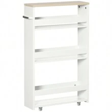 Carrello da Cucina a 3 Ripiani Salvaspazio, Mobiletto Bagno con Rotelle e Maniglia in Legno per Bagno, 48x15x80cm, Bianco - Bianco - Visualizzare 3