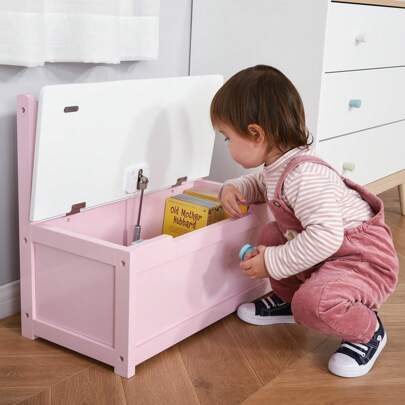 HOMCOM 2 In 1 Wooden Toy Box, Kids Seat Bench Storage Chest Cabinet Organiser W/ Pneumatic Rod, 60 X 30 X 50cm