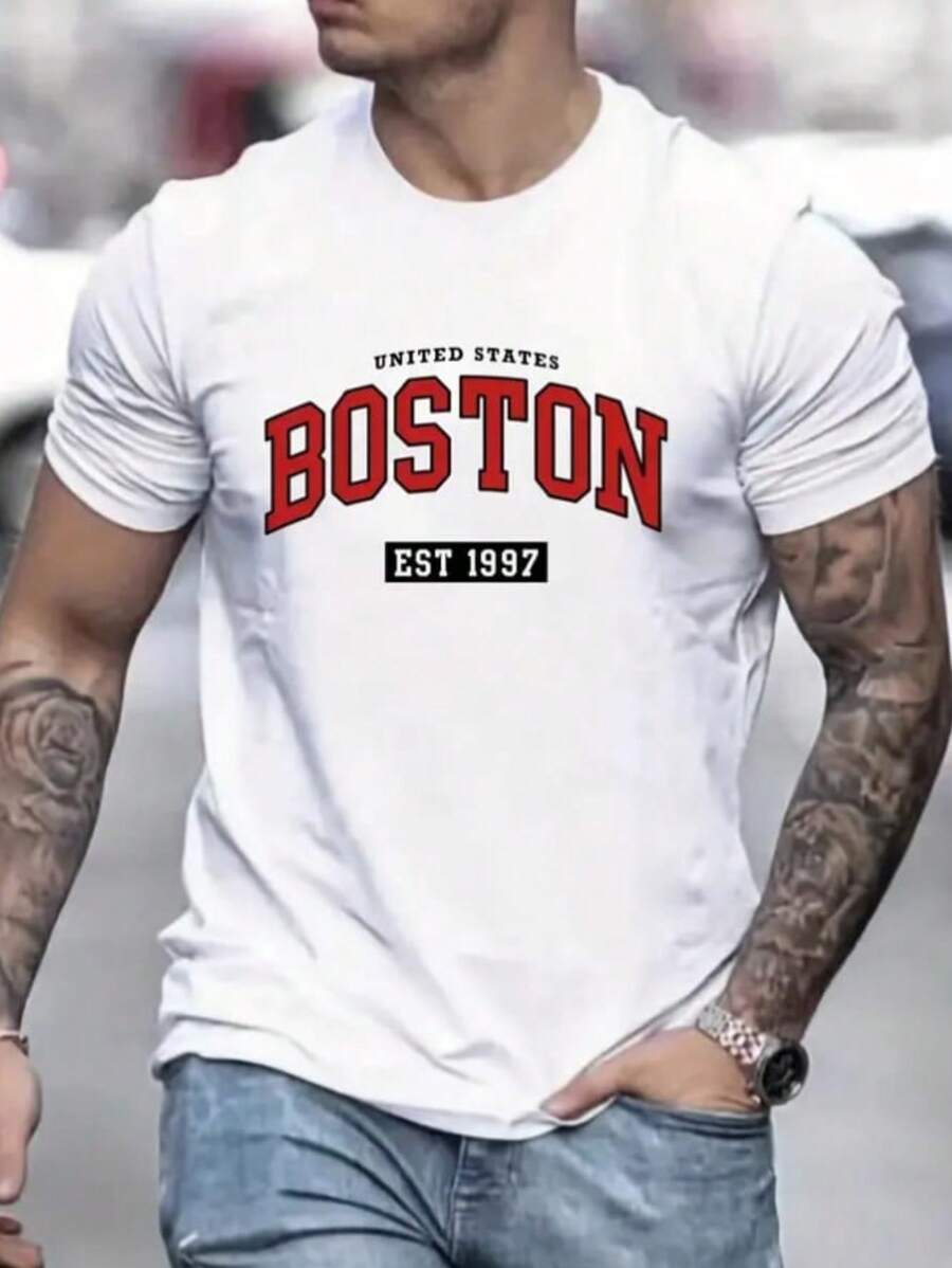 Playera Con Estampado De letras Boston - Blanco - Ver 1