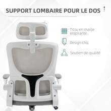 Vinsetto Fauteuil de bureau, chaise ergonomique, maille respirant, accoudoirs relevables, pivotant, appui-tête réglable et support lombaire, hauteur d'assise réglable, gris - Gris - Voir 7