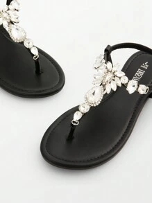 Flat Sandals For Women Dressy Rhinestone T-Strap Thong Flat Sandals For Summers Dress Beach Valentines - 黑色 - 查看 4