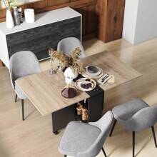 HOMCOM Table pliante de cuisine salle à manger amovible sur roulettes 75L x 140l x 74H cm 2 étagères intégrées en bois coloris gris - Nude - Voir 4