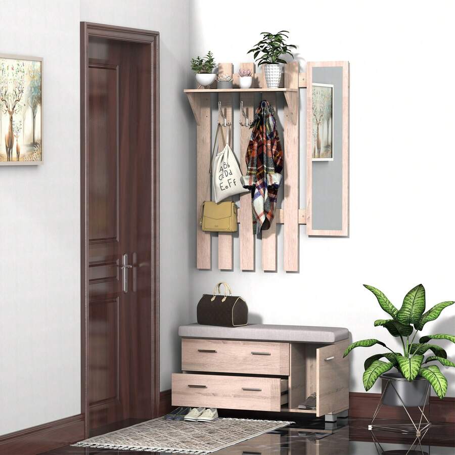HOMCOM Set Arredo Guardaroba 3 in 1 con Specchio e Scarpiera da Ingresso Pannello Truciolare 90 x 21.5 x 116cm Quercia - Beige - Visualizzare 1