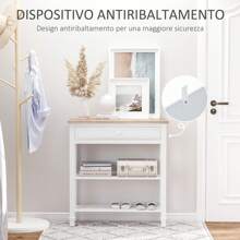 Tavolo Consolle Bianco e Color Legno con Cassetto e 2 Ripiani, Tavolino Salvaspazio in MDF, 75.6 x 27.5 x 80.5cm - Multicolore - Visualizzare 5