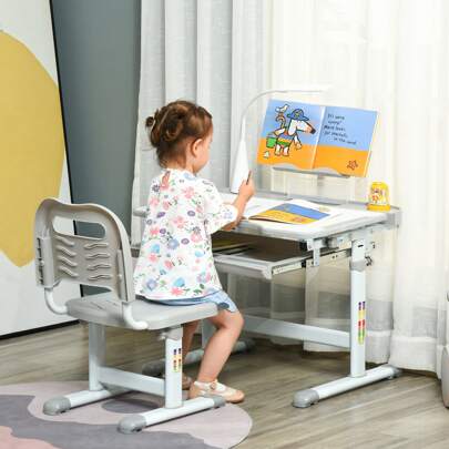 HOMCOM Kids Desk And Chair Set, Height Adjustable Study Desk With USB Lamp, Storage Drawer For Study