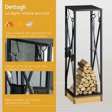 Outsunny Portalegna da Interno ed Esterno Salvaspazio in Metallo con Paletta, Scopino, Attizzatoio e Pinza, 34x34x111cm, Nero - nero - Visualizzare 4