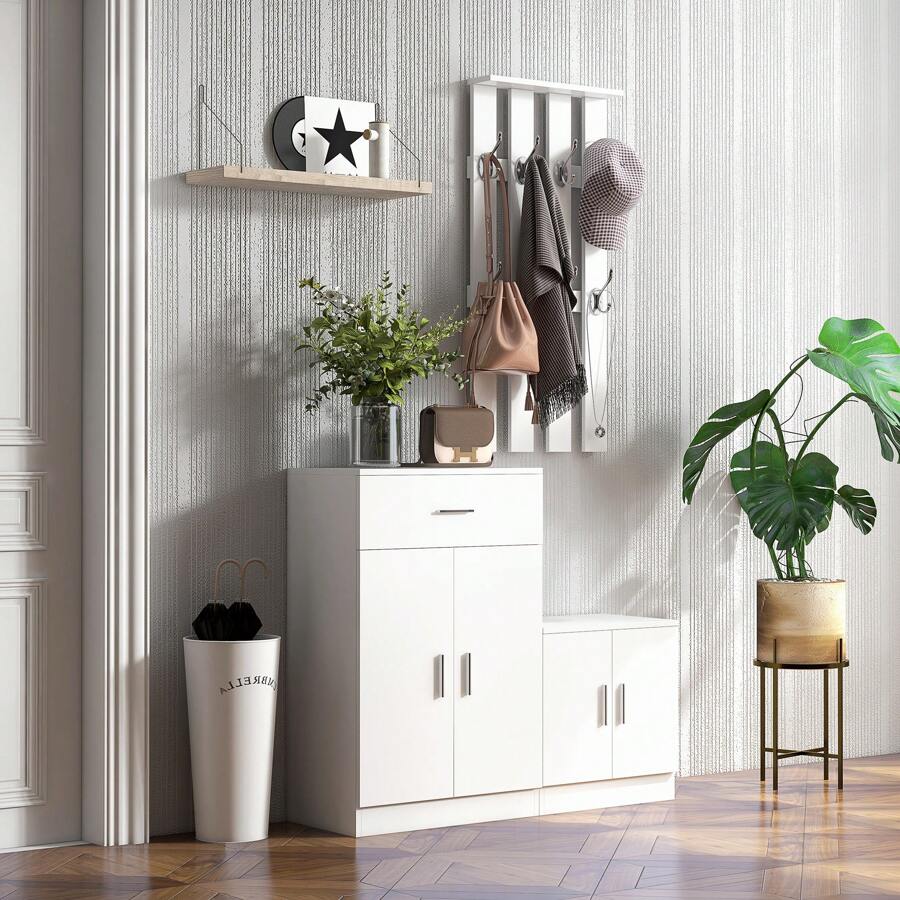 Scarpiera con Appendiabiti a Combinazione per Ingresso e Camera da Letto Legno 100x32x187cm Bianco - Bianco - Visualizzare 1