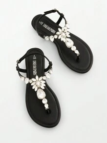 Flat Sandals For Women Dressy Rhinestone T-Strap Thong Flat Sandals For Summers Dress Beach Valentines - 黑色 - 查看 1