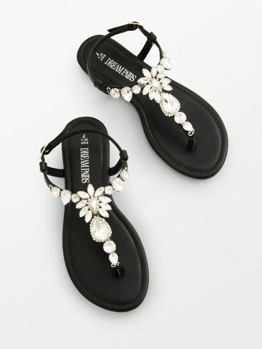 Flat Sandals For Women Dressy Rhinestone T-Strap Thong Flat Sandals For Summers Dress Beach Valentines - 黑色 - 查看 1