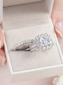 AIHUASI 2 Cái/bộ Nhẫn Nữ Bạc 925 Cưới Đính Hôn Phong Cách Cổ Điển 7.5*7.5 Mm 2.5Ct Công Chúa Cắt Đá Cubic Zirconia Cao Cấp Món Quà Trang Sức Cô Dâu Sang Trọng - Bạc - Xem 8