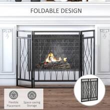 HOMCOM 126cm 3-Panel Metal Folding Fireplace Screen Heat Flame Protective Guard Child Pet Home Spark Barrier Surround W/ Mesh Pattern - Black - View 8