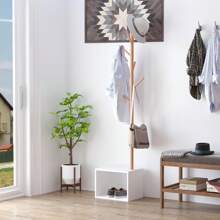 HOMCOM Appendiabiti con Panchina Cubo per Scarpe Per Ingresso e Camera da Letto 6 Ganci, Bambù Legno MDF, Bianco, 40x30x180cm - Multicolore - Visualizzare 1