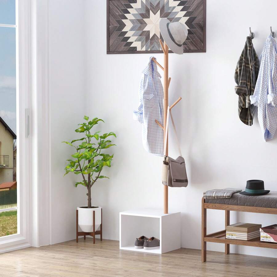 HOMCOM Appendiabiti con Panchina Cubo per Scarpe Per Ingresso e Camera da Letto 6 Ganci, Bambù Legno MDF, Bianco, 40x30x180cm - Multicolore - Visualizzare 1