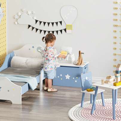 HOMCOM Kids Wooden Toy Box Children Storage Chest Organiser Side Handle Hinge Play Room Furniture Blue
