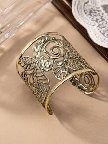 1 chiếc vòng tay kim loại rỗng họa tiết hoa rộng, cổ điển và thanh lịch, thích hợp cho phụ nữ ngày lễ tình nhân - Vàng - Xem 3