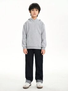 青少年男童復古寬鬆直筒捲邊牛仔褲，適用於春秋 - 深色水洗藍 - 查看 3