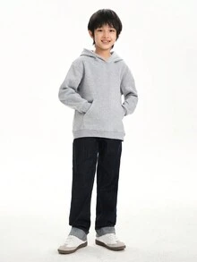 青少年男童復古寬鬆直筒捲邊牛仔褲，適用於春秋 - 深色水洗藍 - 查看 4