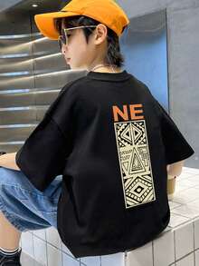 男大童幾何和字母圖案落肩T恤 - 黑色 - 查看 2