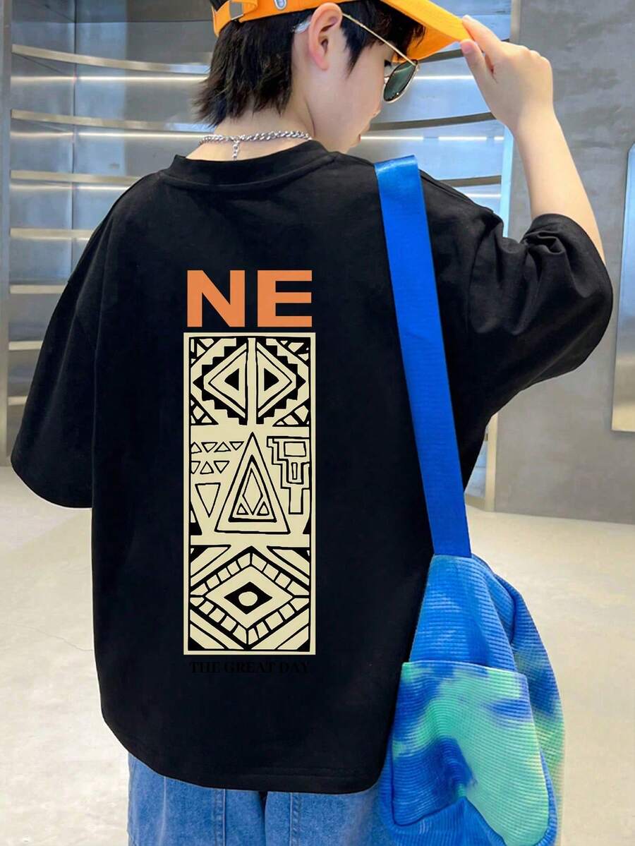 男大童幾何和字母圖案落肩T恤 - 黑色 - 查看 1