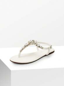 Flat Sandals For Women Dressy Rhinestone T-Strap Thong Flat Sandals For Summers Dress Beach Valentines - 白色 - 查看 3