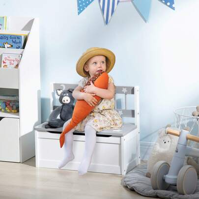 ZONEKIZ 2 In 1 Wooden Toy Box, Kids Storage Bench, Toy Chest With Rod - Grey