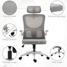 Vinsetto Fauteuil de bureau, chaise ergonomique, maille respirant, accoudoirs relevables, pivotant, appui-tête réglable et support lombaire, hauteur d'assise réglable, gris - Gris - Voir 9