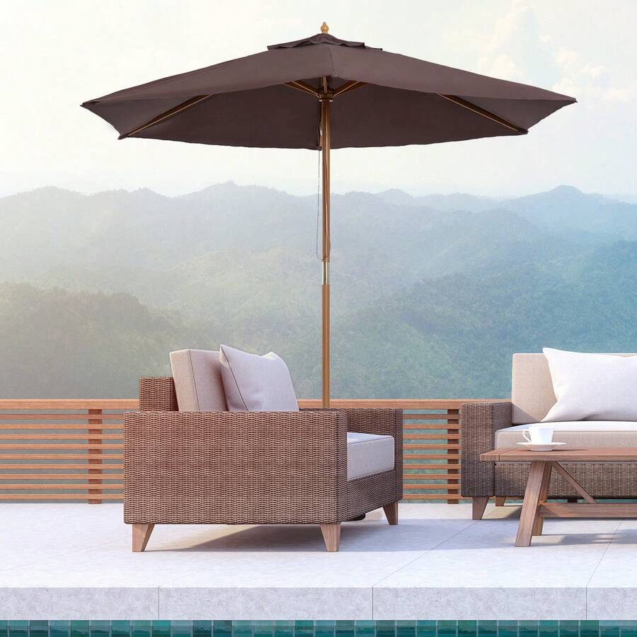 Outsunny Ombrellone da Giardino 2.5x2.3 m a 6 Stecche con Manovella, in Legno e Poliestere, Marrone - Marrone ruggine - Visualizzare 1