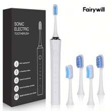 Fairywill Sonic Electric Toothbrush USB Tongue Cleaner Timer 5 Mode 4 Brush Head - White - View 1