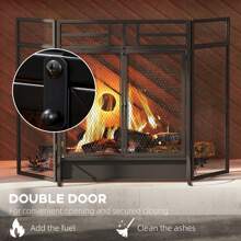 HOMCOM 3-Panel Folding Fireplace Screen With Door, Freestanding Spark Guard, Metal Mesh Fireguard, Black - Black - View 7