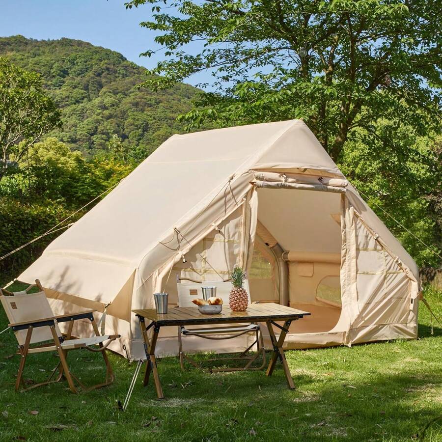 Xtra Large Inflatable Camping Tent, Glamping Tents Easy Setup 4 Season Windproof Outdoor Cotton Tent With Stove Jack & Mesh Windows & Pump - Màu be - Xem 1