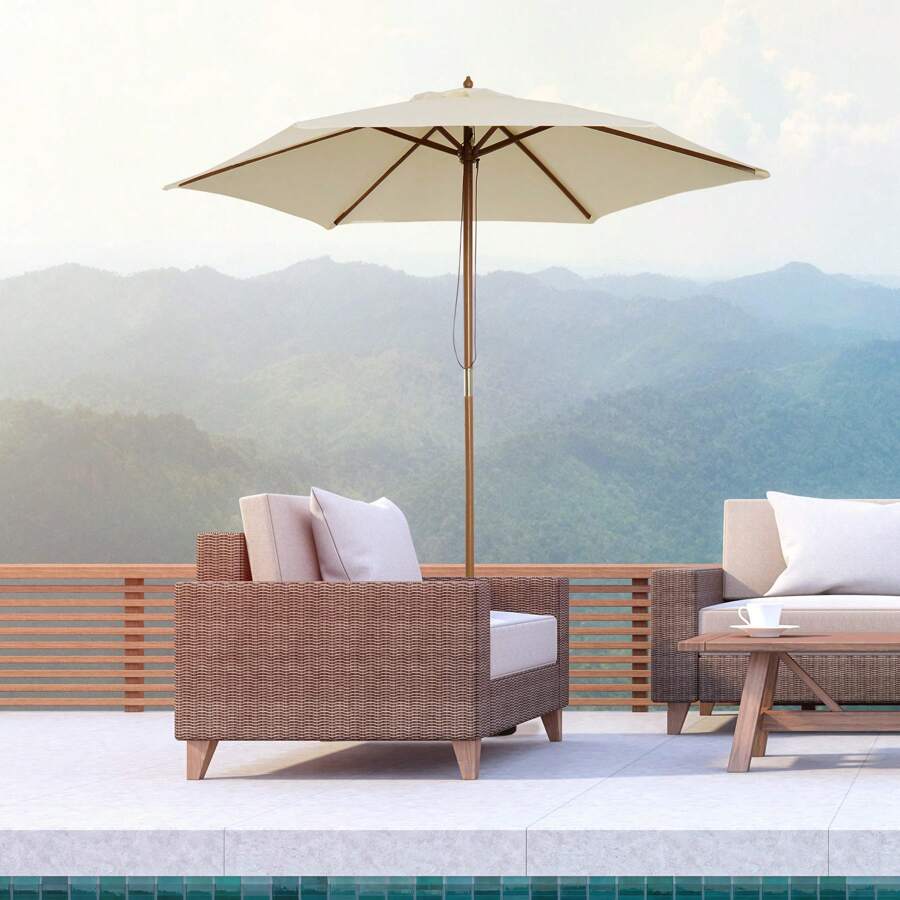 Outsunny Dù che nắng sân vườn 6 nan, kích thước 2,5x2,3 m, có tay quay, làm bằng gỗ và polyester, màu nâu. - Màu be - Xem 1