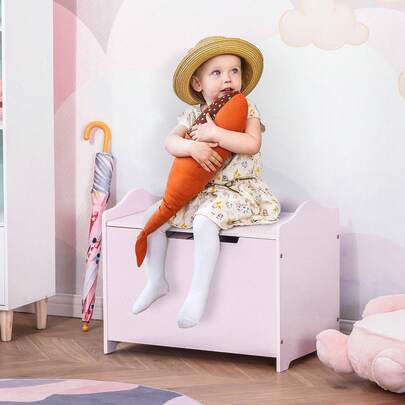 HOMCOM Wooden Kids Toy Box Children Storage Organizer Chest Hinge Playroom Furniture