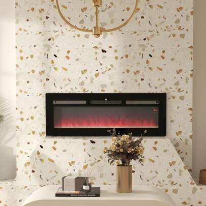 HOMCOM 127cm Electric Fireplace, 2000W Recessed And Wall Mounted Electric Fire With Remote Control, 9 Flame Colour And Crystal, Black