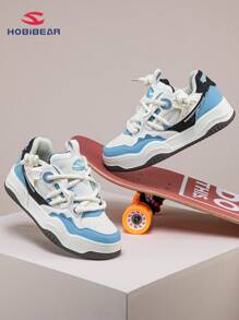 HOBIBEAR男性休閒街頭風格運動鞋，厚底透氣鞋帶設計。白藍色運動拼接休閒鞋適用於戶外滑板運動 - 藍色 - 查看 4