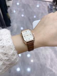 矩形羅馬數字撥號石英手表,時尚精緻的男女手錶,適合日常佩戴,1枚 - 棕色 - 查看 3