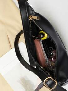 Medium Zipper Hobo Bag Minimalist Black Adjustable Strap, Japanese Bag, Street & Japanese Bag For Women